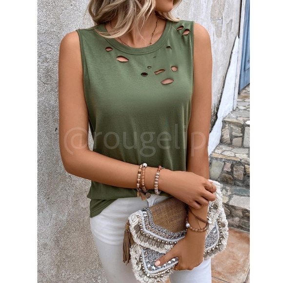 Green Tank Top Distressed Cut Holes Shirt Casual Stretchy - Picture 6 of 8